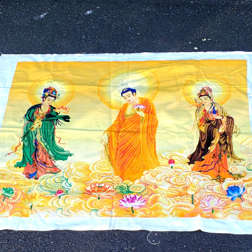 Vintage Tapestry Cross Stitch Chinese Deities 1980s Bead Work Hand Crafted